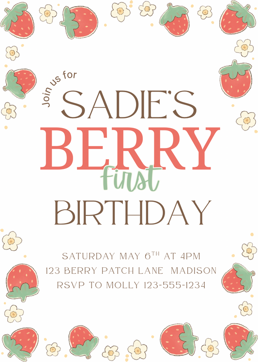 Editable Berry First Birthday Invitation