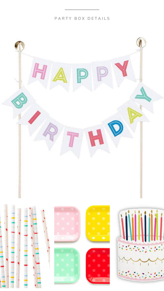 birthday cake topper, straws, plates, napkins