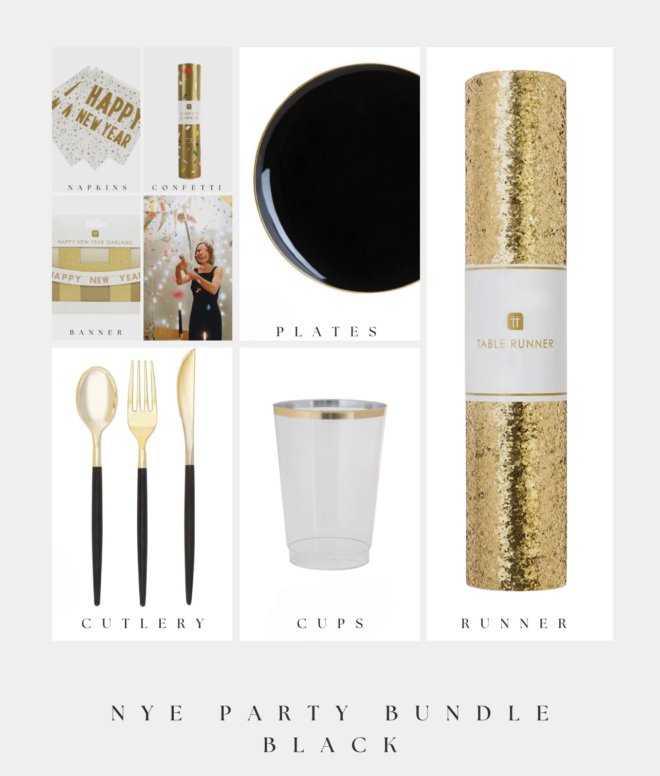 new years eve napkins, black plates, black and gold cutlery, cups, gold table runner